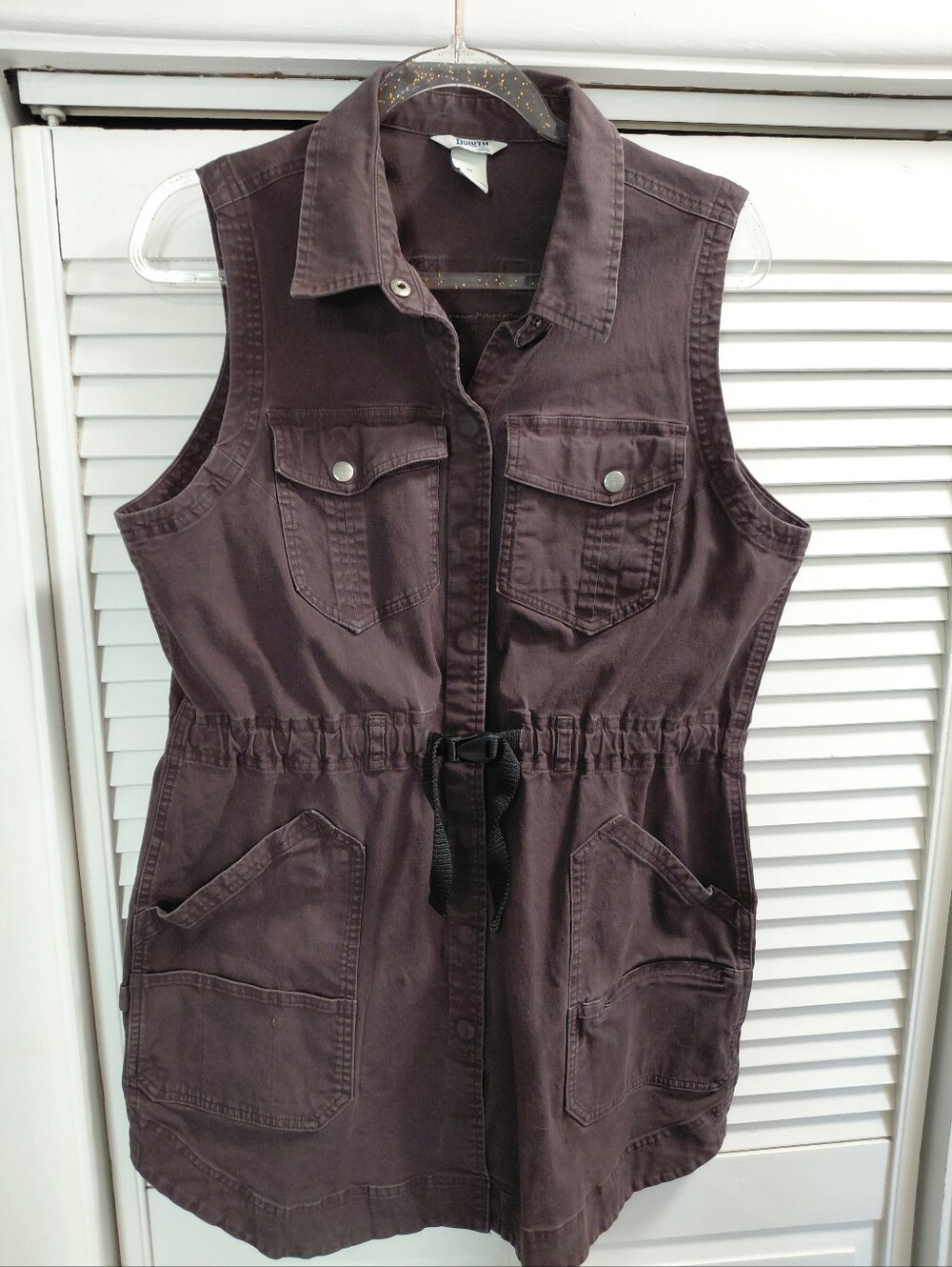 Duluth Trading Co Brown Utility Cotton Dress W/Snap Button Close Gathered Waist